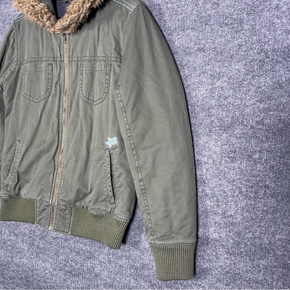 Fox Women’s Junior Large Green Military Style Faux Fur Hooded Jacket 90s Y2K - Picture 7 of 14